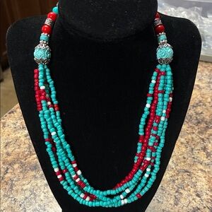 Turquoise and Red Beaded Necklace